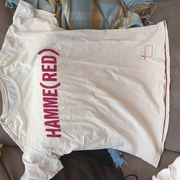 Size large no tag women's Unique shirt white cream with red stiching hamme red - Picture 1 of 4